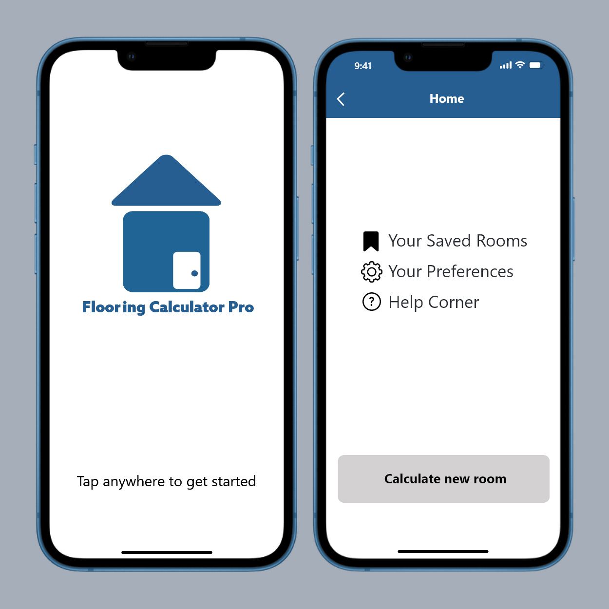 Two phones displaying a blue and white application titled "Flooring Calculator Pro"