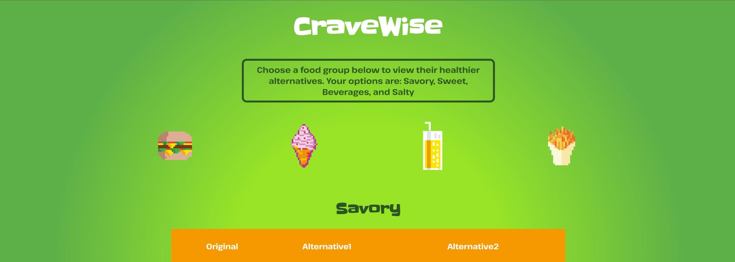 Screenshot from a website titled "CraveWise", with images of food underneath.