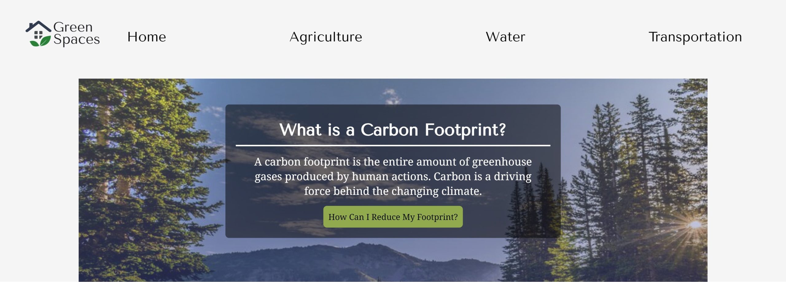 Screenshot of a website called "Green Spaces" with an image of nature. 