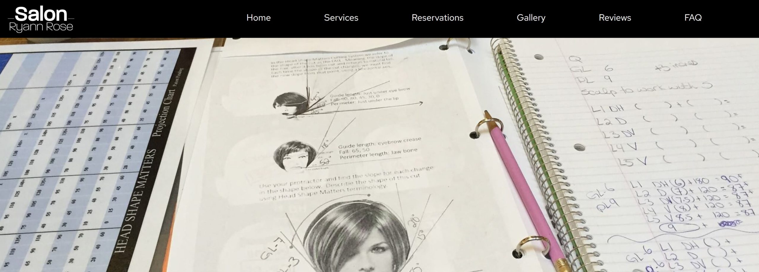 Screenshot of website titled "Salon Ryann Rose" with a pile of textbooks underneath.