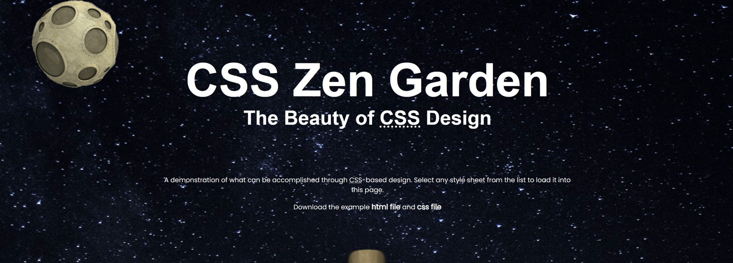 Screenshot of a website called "CSS Zen Garden" with a background of outer space and the moon.