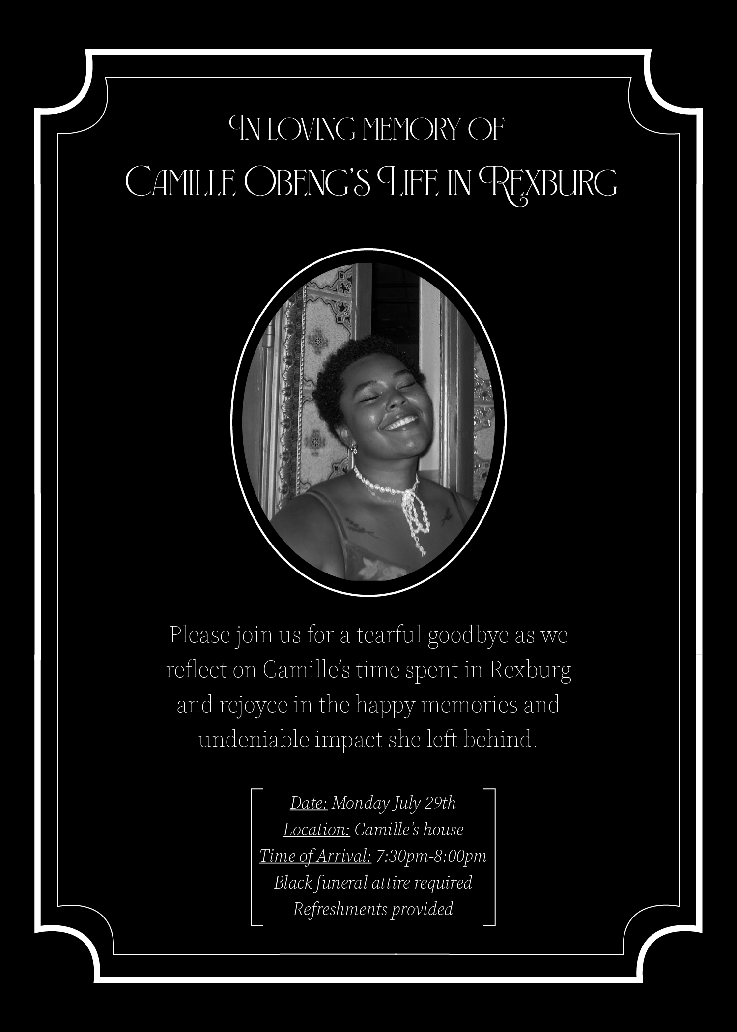 Funeral invitation with woman smiling